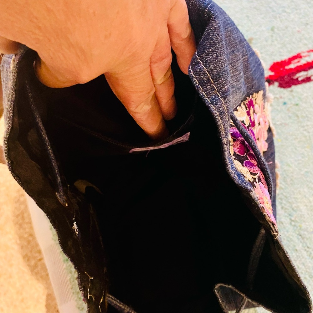 Claire's Denim Backpack with Lace and Floral Embroidery - Picture 9 of 12